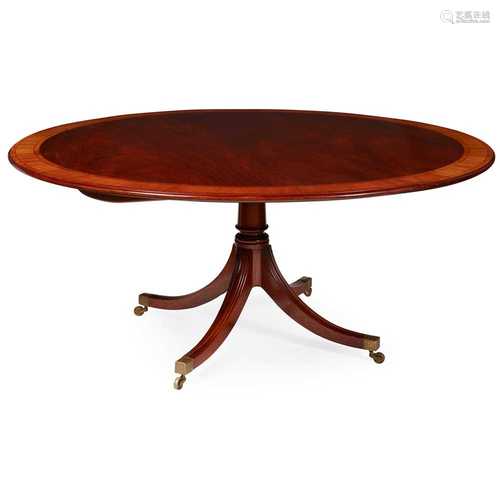 GEORGIAN STYLE MAHOGANY AND SATINWOOD PEDESTAL DINING TABLE MODERN