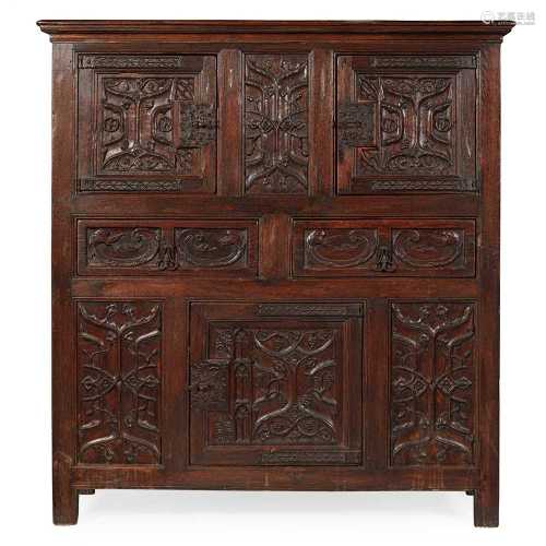 LATE GOTHIC STYLE CARVED PARCHEMIN PANEL OAK LIVERY CUPBOARD 19TH CENTURY