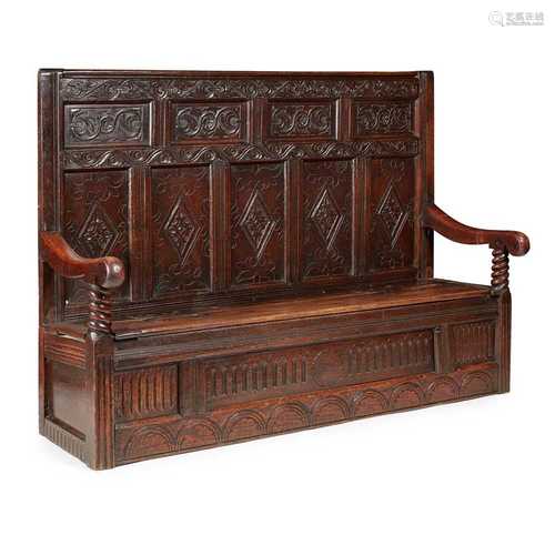 CARVED OAK SETTLE LATE 17TH/ EARLY 18TH CENTURY AND LATER