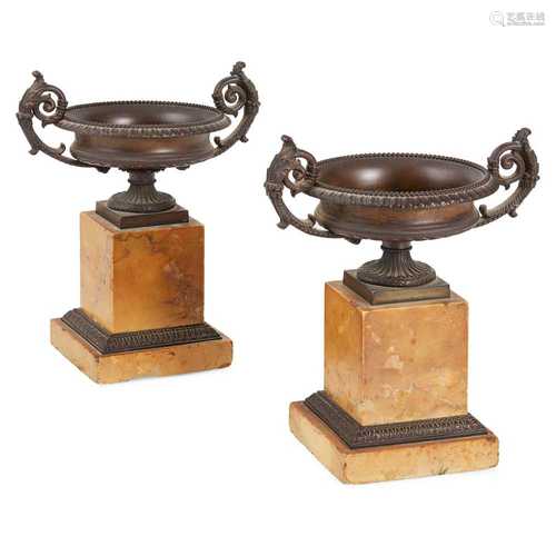 PAIR OF GRAND TOUR BRONZE AND SIENA MARBLE URNS 19TH CENTURY