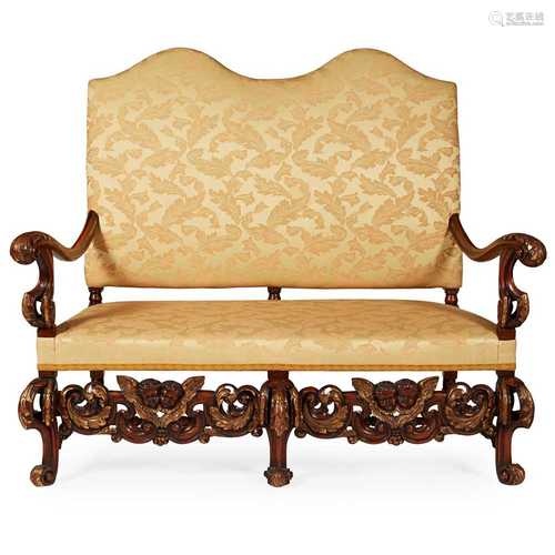 WILLIAM AND MARY STYLE PARCEL-GILT WALNUT DOUBLE CHAIRBACK SETTEE LATE 19TH/ EARLY 20TH CENTURY