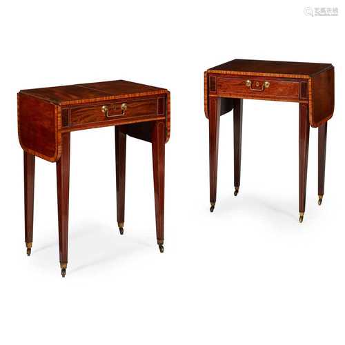 PAIR OF GEORGE III MAHOGANY AND SATINWOOD PEMBROKE END TABLES EARLY 19TH CENTURY AND LATER