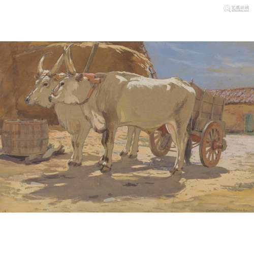 § CHARLES OPPENHEIMER R.S.A., R.S.W (SCOTTISH 1876-1961) CHIANINA CATTLE IN A FARMYARD