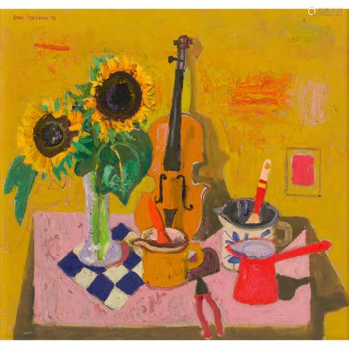 § LEON MORROCCO A.R.S.A (SCOTTISH B.1942) STILL LIFE WITH SUNFLOWER