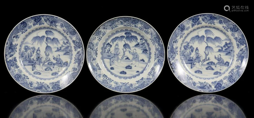 3 Chinese porcelain dishes depicting figures in a