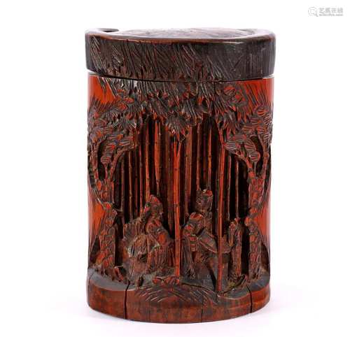 Old bamboo pot with lid with carved decoration