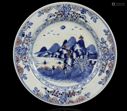 Porcelain dish with blue-red decoration of figures in a