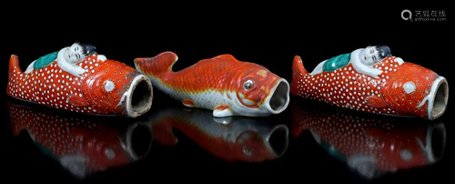 3 earthenware glazed koi carp