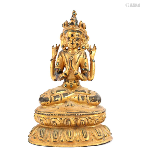 Bronze colored Tibetan Sadakshari Lokeshvara sculpture