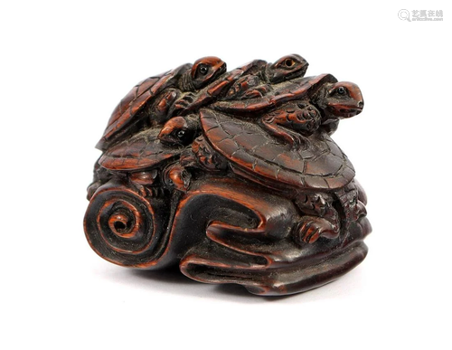 Japanese palmwood Netsuke of 5 turtles