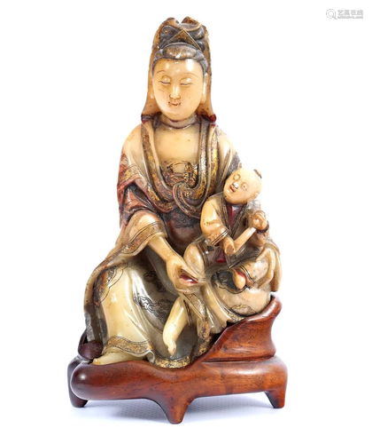 Stone Chinese Guanyin figurine on wooden base 14 cm