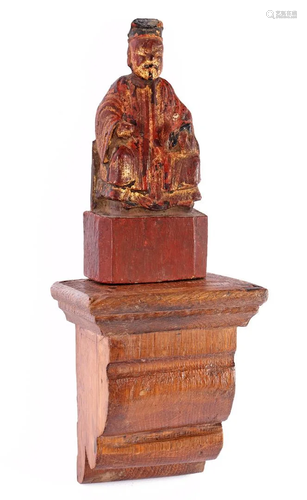 Old Chinese wooden polychrome colored statue