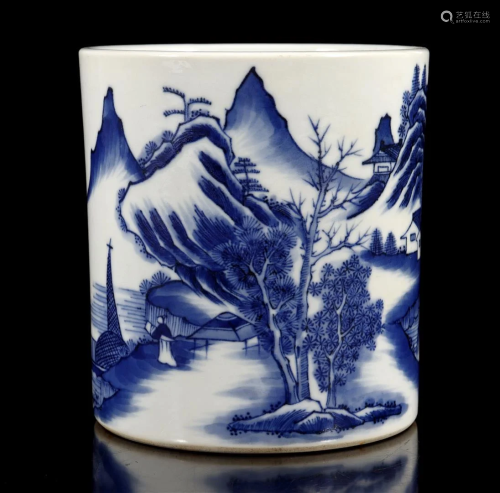 Porcelain brush pot with blue landscape decor