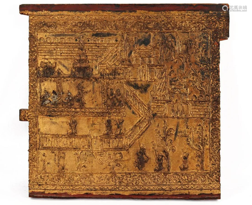 Oriental gold-colored panel with relief depicting many