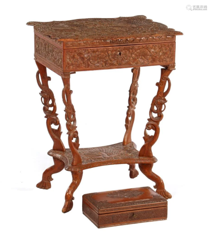 Teak richly decorated sewing table