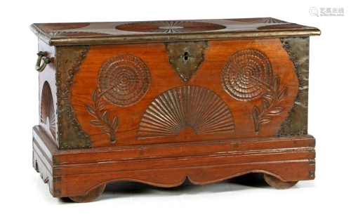 Chinese mobile teak camphor chest with copper fittings