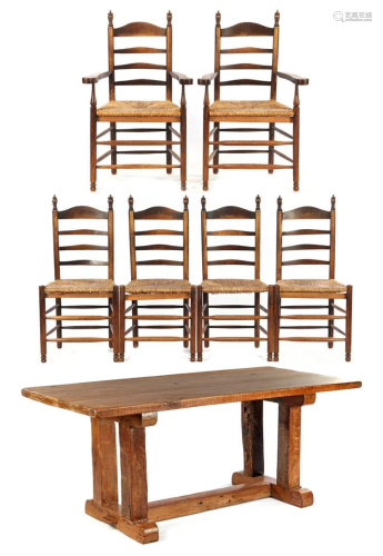Solid oak table with 4 chairs and 2 armchairs