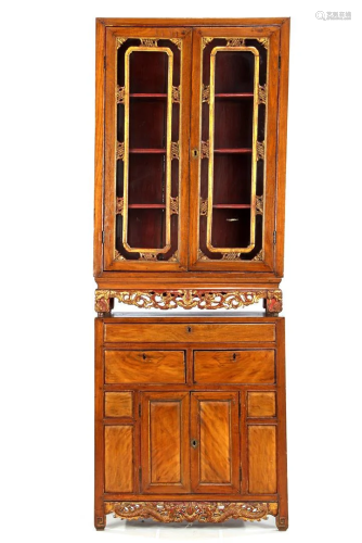 Chinese 3-part teak cabinet with straight cap rail