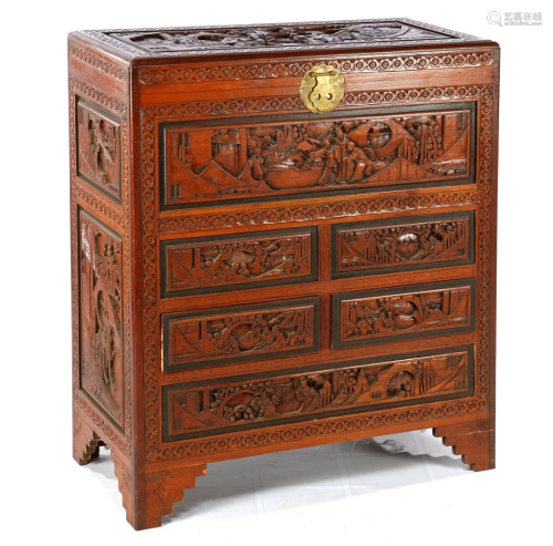 Richly carved cabinet with drawers with flaps