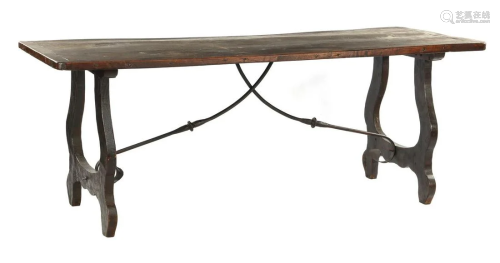 Oak Spanish table with iron cross-leg connection