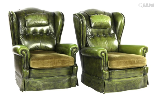 2 green leather wing chairs