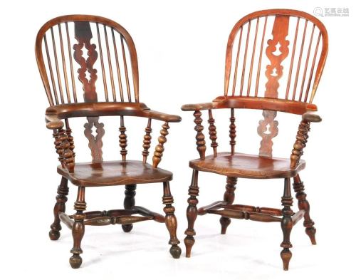2 elm wood Windsor armchairs