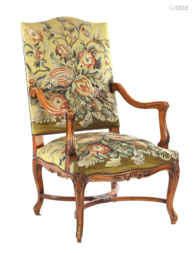 Walnut armchair with embroidered upholstery