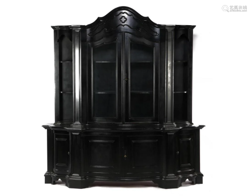 2-part black lacquered display cabinet