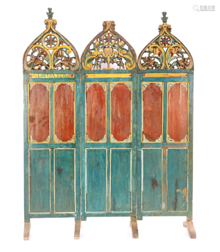 Polychrome painted wooden Asian 3-part folding screen