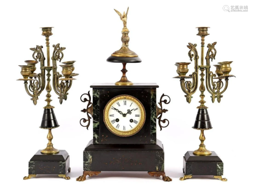 Marked Marti, black with green marble mantel clock
