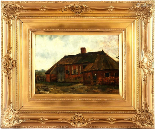 Signed M Kramer, Woman at a thatched farmhouse