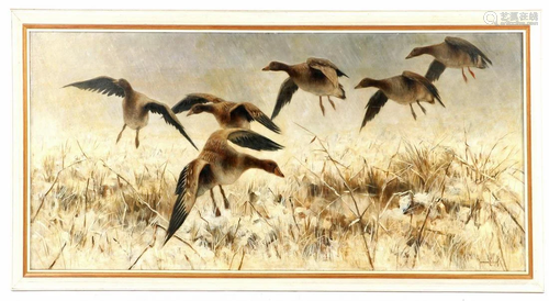 Signed Jan van Essen, geese in a winter landscape