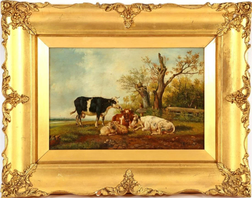 Signed J P Stork, Resting cows at the old top