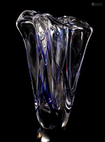 Signed Max Verboeket, colored glass vase with blue and