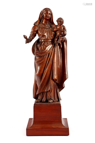 Oak wood carved statue of Madonna and child