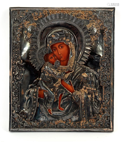 Russian icon, Madonna and Child, hand-painted