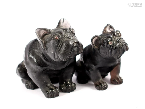 Monogram GB, 2 black glass dog figurines of Bulldogs