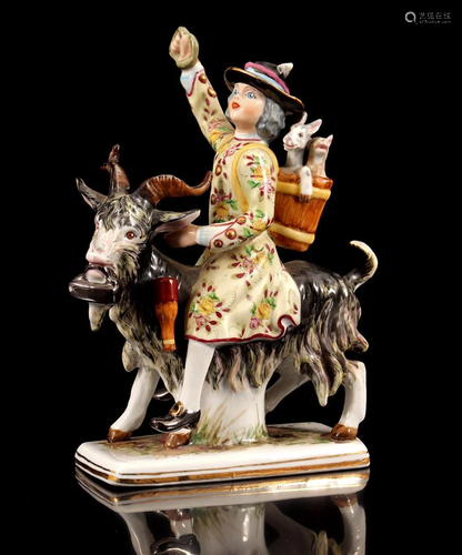 Porcelain sculpture group of a man on the goat