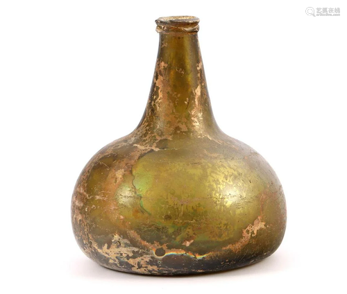 18th century green glass cat head bottle with pontil