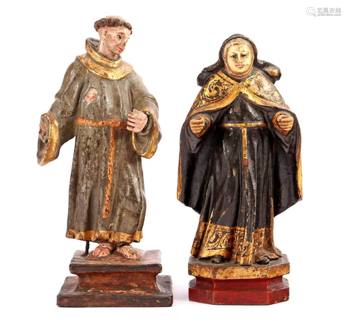 2 antique wooden polychrome colored figurines of saints