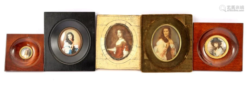 4 various oval painted portraits and 1 picture frame
