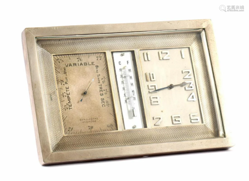 Art Deco French metal table clock with barometer and