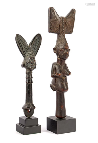 2 African tribal Yoruba wooden bombarded statues