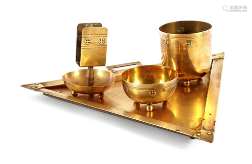 Not marked, brass triangular tray with 3-piece smoking