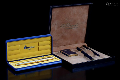 Waterman gold-colored fountain pen and Dupont pen set