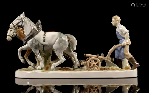 Porcelain sculpture group of plowing horses with farmer