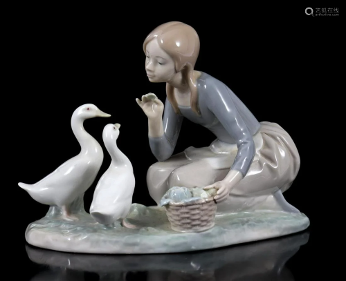 Lladro porcelain sculpture group, girl with ducks
