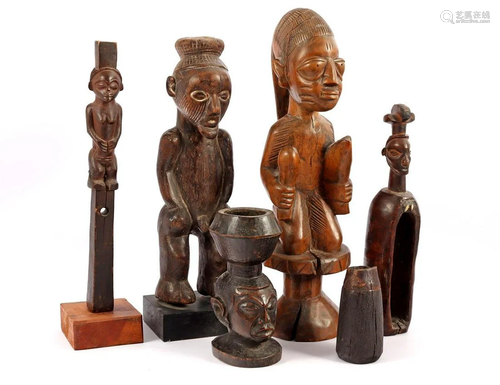 5 African tribal wooden bombarded objects