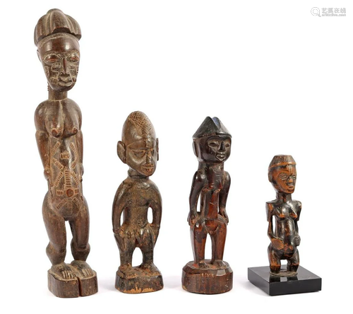 4 African tribal wooden bombarded statues