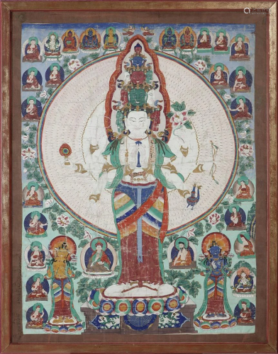 Arte Cinese A thangka depicting AvalokisteshwaraTibet,